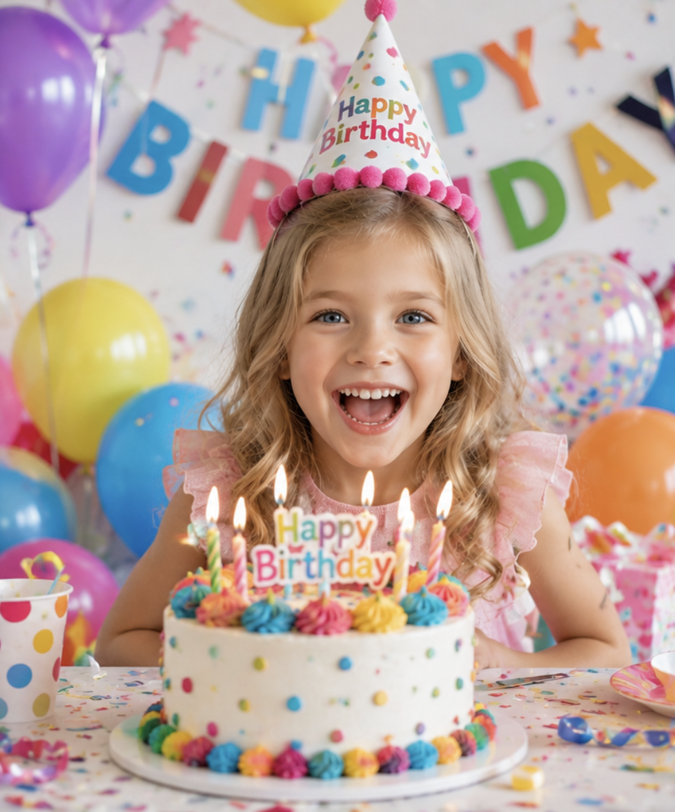A child celebrating a birthday at a party table