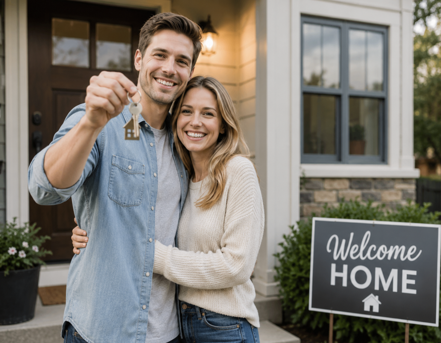 A couple holding a welcome home sign