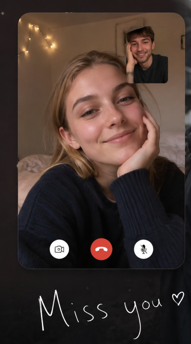 A long-distance video call moment between two people