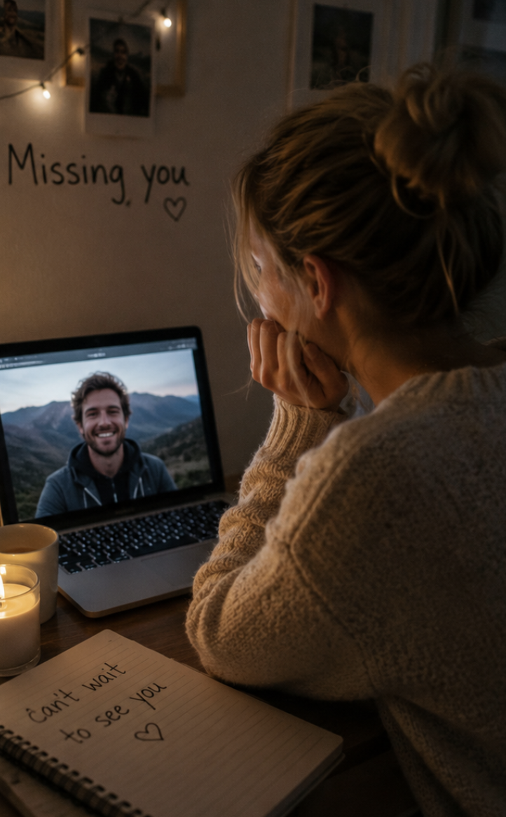 A couple video chat moment with a soft smile