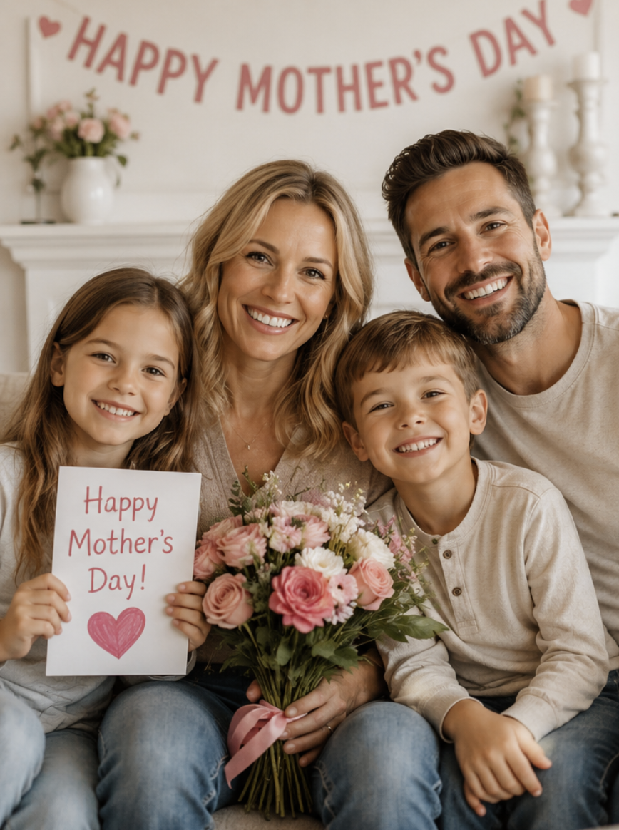 A family Mother's Day photo with a bright smile